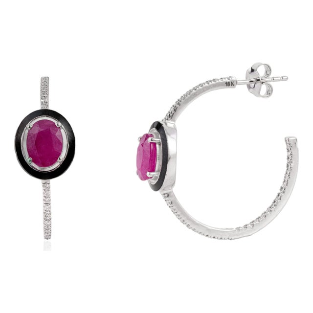 Art Deco 14k White Gold 3.19ct Ruby, Diamond & Black Enamel Hoop Earrings- A Pair For Sale