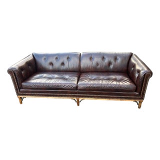 1960s Elegant Bamboo-Leg Leather Sofa With Button-Tufted Back and Nail Head Trim For Sale