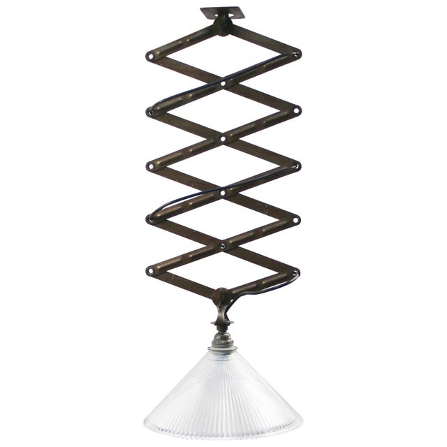 Metal Vintage Industrial Glass and Metal Scissor Pendant Lamp from Holophane For Sale - Image 7 of 7