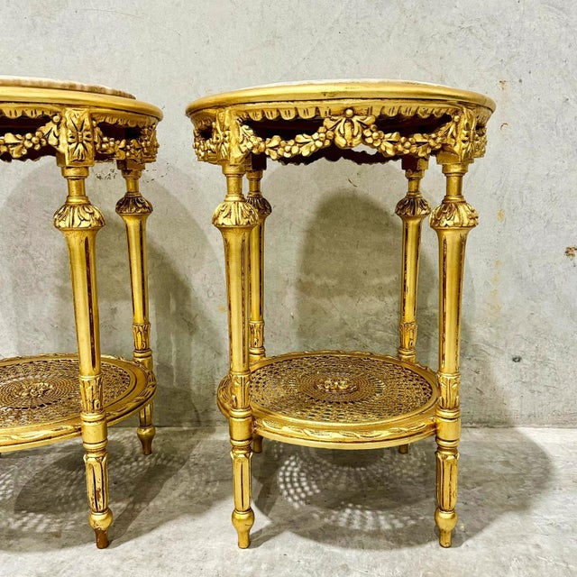 Italian Side Table Set of 2 Marble Topped Gold Italian Style For Sale - Image 3 of 9