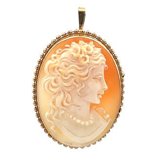 Vintage Signed Cameo Pendant & Brooch in 14k Yellow Gold For Sale