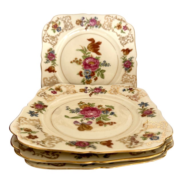 1920s Schlaggenwald Czechoslovakia Square Plate Floral Gold - Set of 4 For Sale