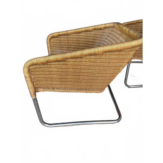 Mid-Century Modern Harvey Probber Style Vintage Unmarked Chrome Tube Cantilever Wicker Lounge Arm Chairs For Sale - Image 3 of 12