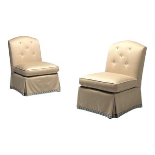 Mid-Century Modern, Traditional Slipper Chairs, Beige Fabric, Satin, Usa, 2010s For Sale