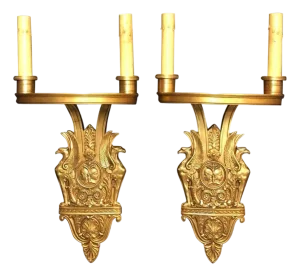 Early 20th Century Pair of Gilt Bronze Art Deco Wall Sconces By Sterling Bronze Co.