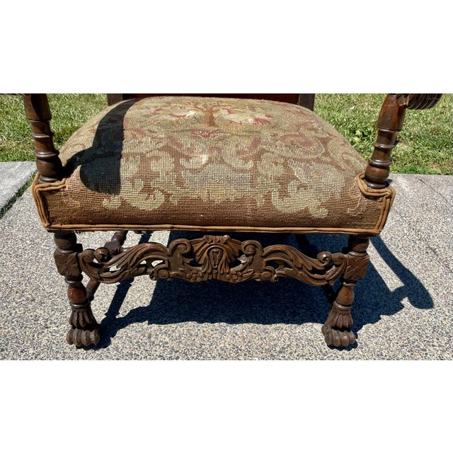 Brown Late 19th Century Victorian Carved Wood Distressed Needlepoint Armchair Tall Back Throne Chair For Sale - Image 8 of 12