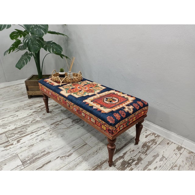 Ink Blue Blue Rug Upholstered Ottoman Bench For Sale - Image 8 of 10