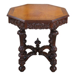 1930s Antique Johnson Handley Johnson European Carved Walnut & Satinwood Octagon Table For Sale