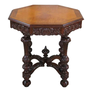 1930s Antique Johnson Handley Johnson European Carved Walnut & Satinwood Octagon Table