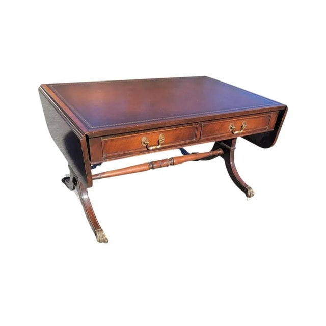 George Iii Style Two-Drawer Mahogany and Leather Top Inset Drop Leaf Coffee Table on Wheels For Sale In Washington DC - Image 6 of 12