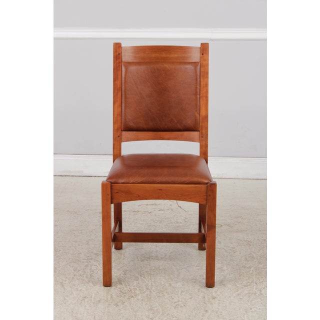 Mission Set of 4 Stickley Mission Cherry Leather Dining Chairs For Sale - Image 3 of 18