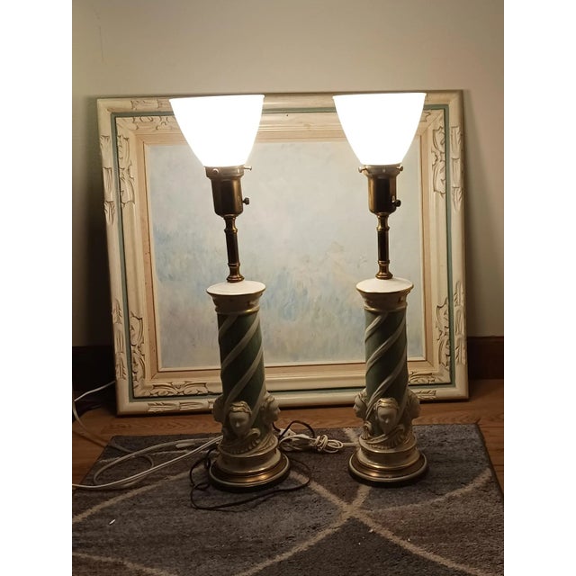 Vintage "Rembrandt Co." Neoclassical Torchieres Lamps Table Top, Faces, Blue and White Signed - a Pair For Sale In Milwaukee - Image 6 of 12