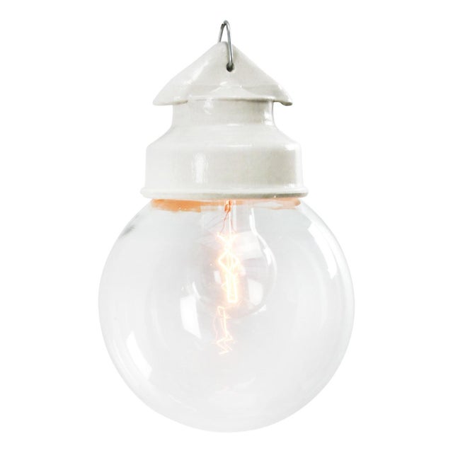 1950s Vintage Industrial White Porcelain and Glass Pendant Light For Sale - Image 5 of 5