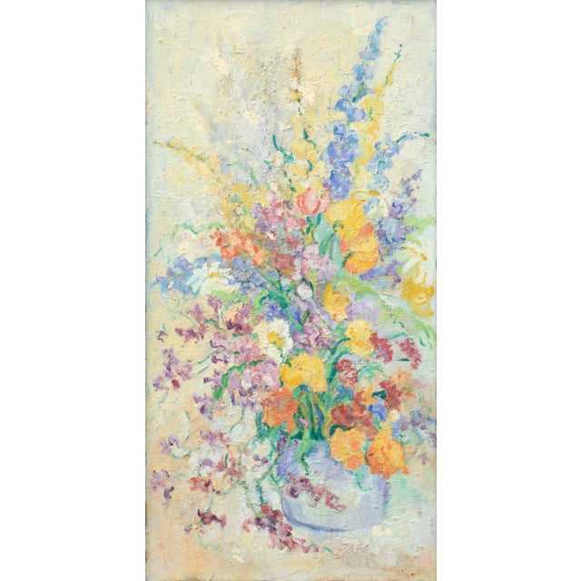 Highly impasto still life of brightly colored spring flowers in a vase by Doreen Gadsby (Australian, b. 1926). Signed...