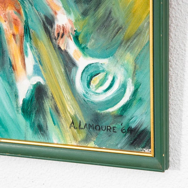 1960s Mid Century Modern Abstract Figure Painting Original Art Tennis 1964 Signed MCM For Sale - Image 5 of 12