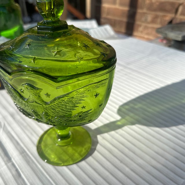 1970s Green Glass Eagle Pedestal Dish With Matching Lid For Sale - Image 4 of 6