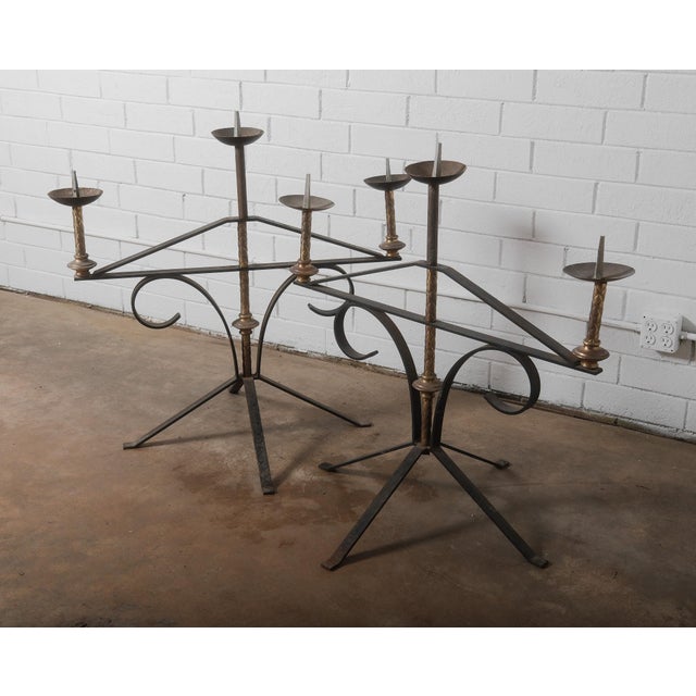 Gothic Pair of Large Wrought Iron and Brass Church Candelabras For Sale - Image 3 of 10