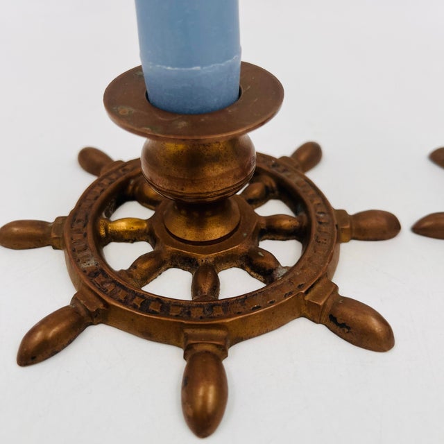 Vintage Brass Nautical Ship's Wheel Candlestick Holders - Set of Two For Sale - Image 4 of 11