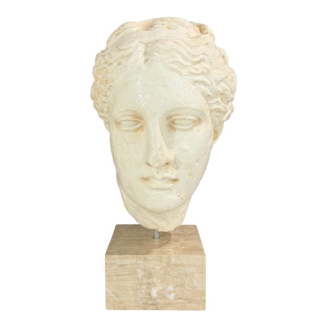 1970s Neoclassical Greek Goddess Bust Fragment Sculpture- Stone Base For Sale