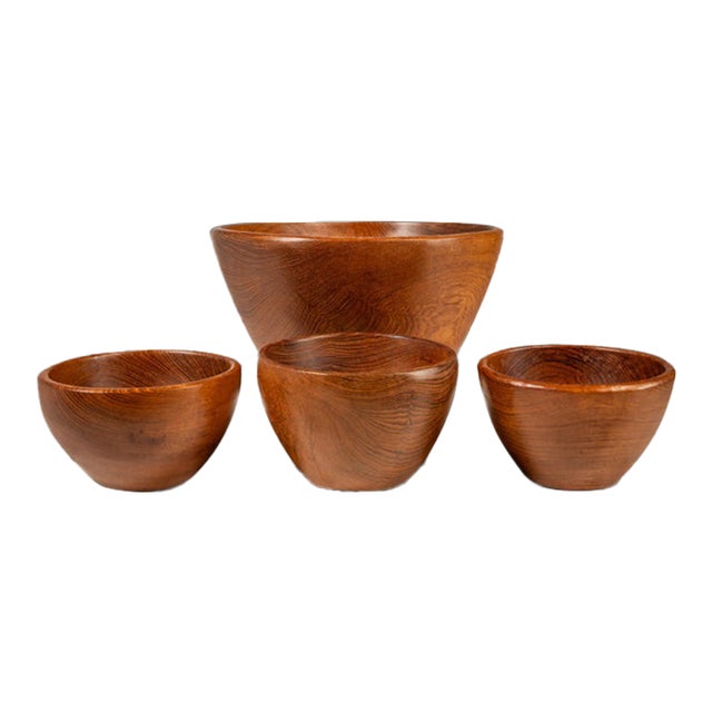 Set of Four ( 4 ) Mid-Century Organic Modern Wood-Turned Salad / Serving Bowls in Solid Burmese Teak, C. 1970's For Sale