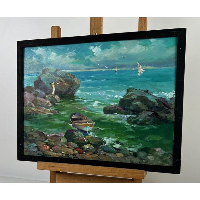 Impressionist Oil Painting a Boat Is Moored on a Rocky Shore Yuriy Suprunchuk For Sale - Image 3 of 11