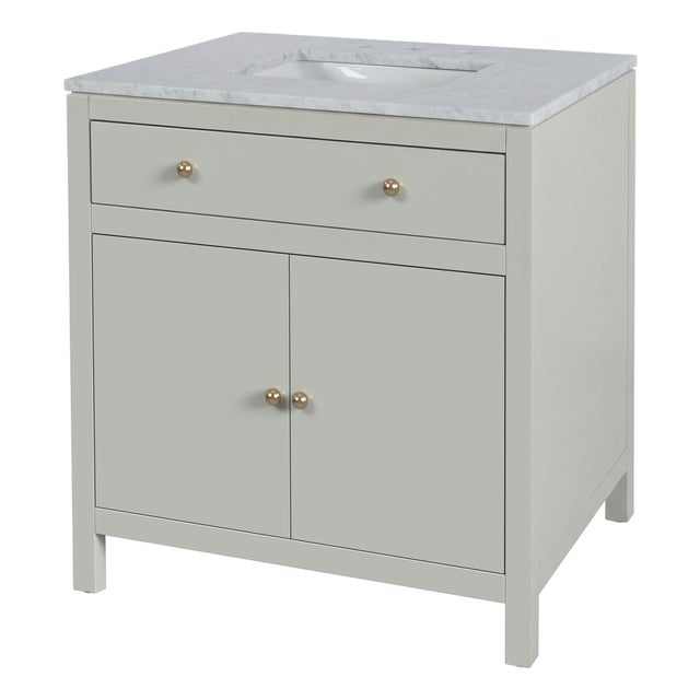 Nora 32 in. W Rectangular Wood & Marble Bathroom Vanity with Storage, Sage Green For Sale