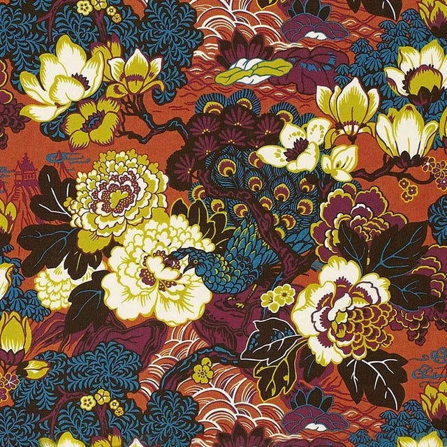 Abstract Sample, Schumacher Shanghai Peacock Fabric in Cinnabar For Sale - Image 3 of 3