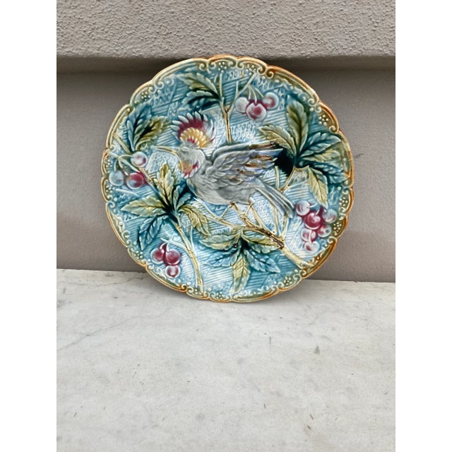 Late 19th Century Majolica Bird With Cherries Plate Wasmuel, Circa 1890 For Sale - Image 5 of 5