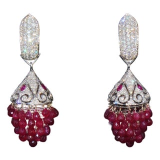 A Pair of Diamond Ruby 18K Solid Gold 3-IN-1 Chandelier Dangle Cluster Earrings For Sale