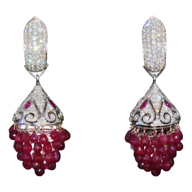 A Pair of Diamond Ruby 18K Solid Gold 3-IN-1 Chandelier Dangle Cluster Earrings For Sale