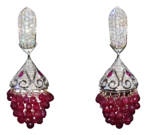 A Pair of Diamond Ruby 18K Solid Gold 3-IN-1 Chandelier Dangle Cluster Earrings