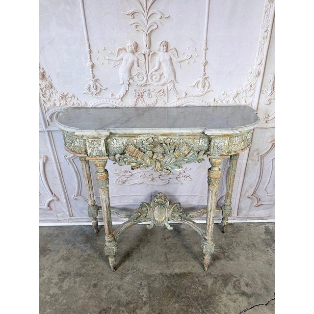 French Louis XVI Painted Gesso & Giltwood Console Table With Shaped Marble Top For Sale In Los Angeles - Image 6 of 16