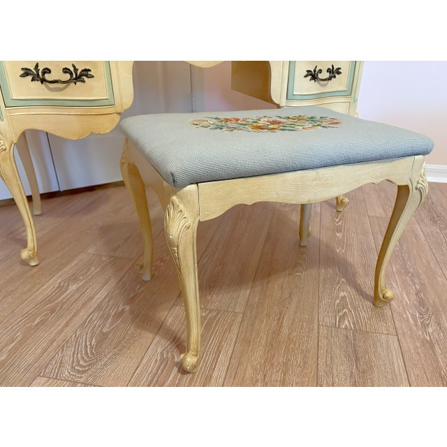 Shabby Chic Vintage French Provincial Flip-Top Vanity With Mirror and Needlepoint Stool Circa 1960's For Sale - Image 3 of 12