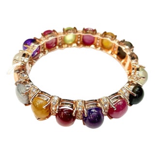 Bochic “Capri” Vintage Amethyst & Multi Color Sapphires Cuff Set In 18K & Silver For Sale