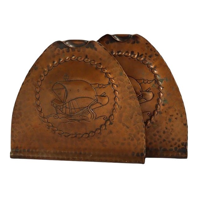 Pair of Antique Roycroft Hammered Copper Bookends With Galleons C1910 For Sale