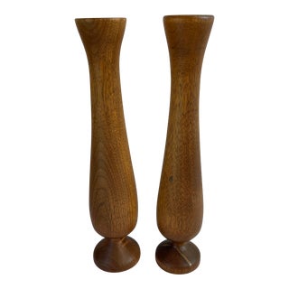 Vintage Teak Wood Candlesticks- a Pair For Sale