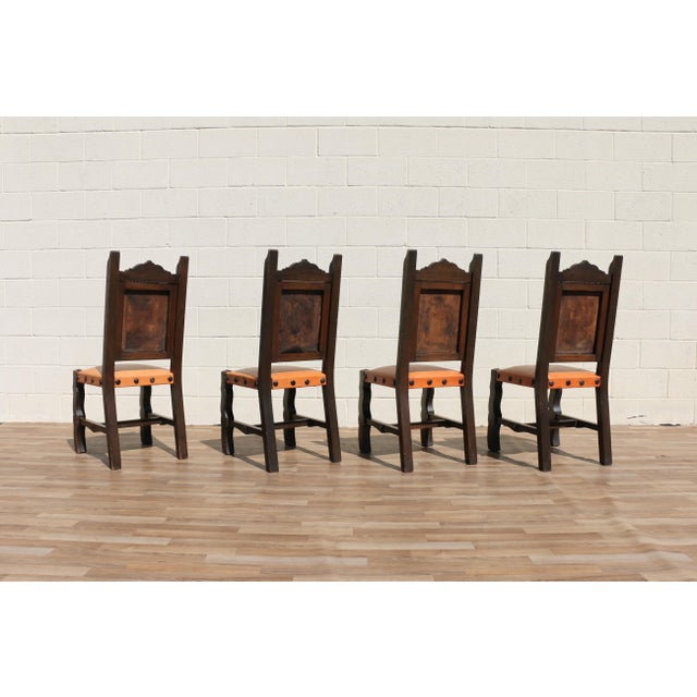 Tan Set of 6 Spanish Revival Carved Wood & Tan Leather Dining Chairs For Sale - Image 8 of 18