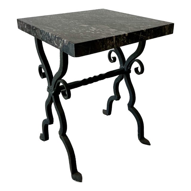 Antique Spanish Marble Top Wrought Iron Side Table. For Sale