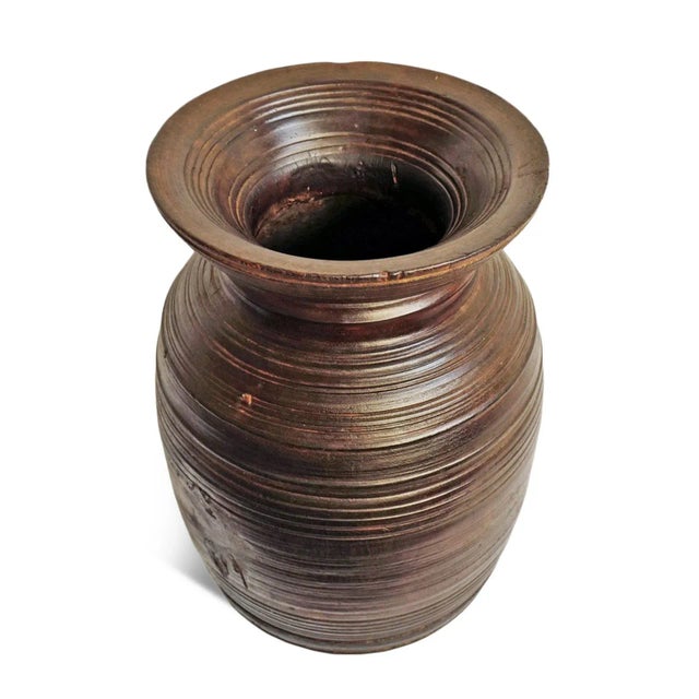 Rustic simple vintage wood village pot from North India. Originally used for storing water or cooking oil. Rich dark...