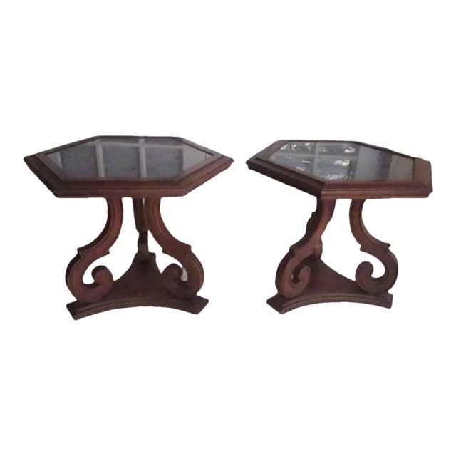 1970s Vintage Octagonal End Table Hand Carved Wood Glass Top Dark Tone Set of Two For Sale