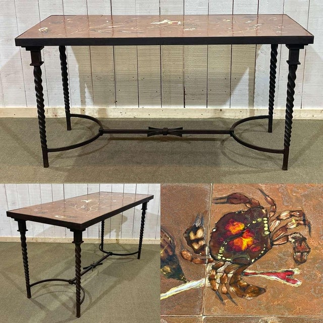 Wrought Iron Console Table with Tiled Earthenware Top and Seabed Decoration, 1950s For Sale - Image 3 of 18