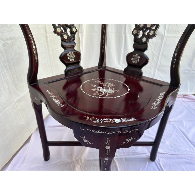 Vintage Chinese Carved Hardwood Corner Lounge Chair With Mother of Pearl Inlay For Sale In Boston - Image 6 of 6