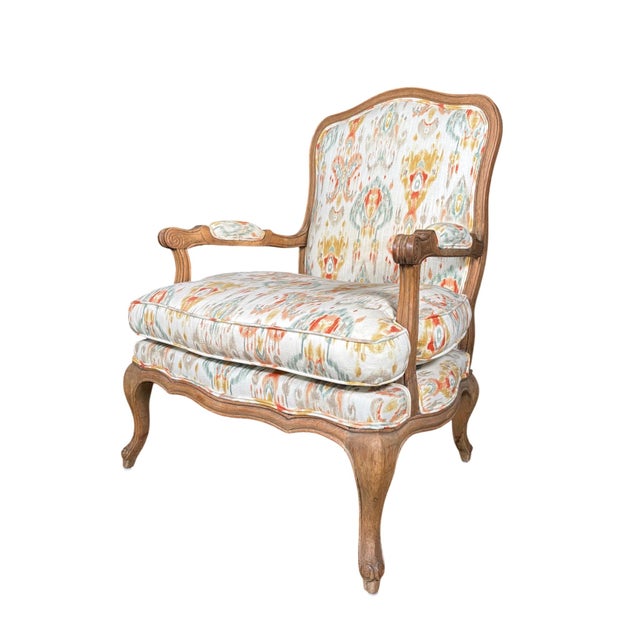 Louis XV-Style French Provincial Fauteuil in Custom Ikat Upholstery For Sale - Image 18 of 18