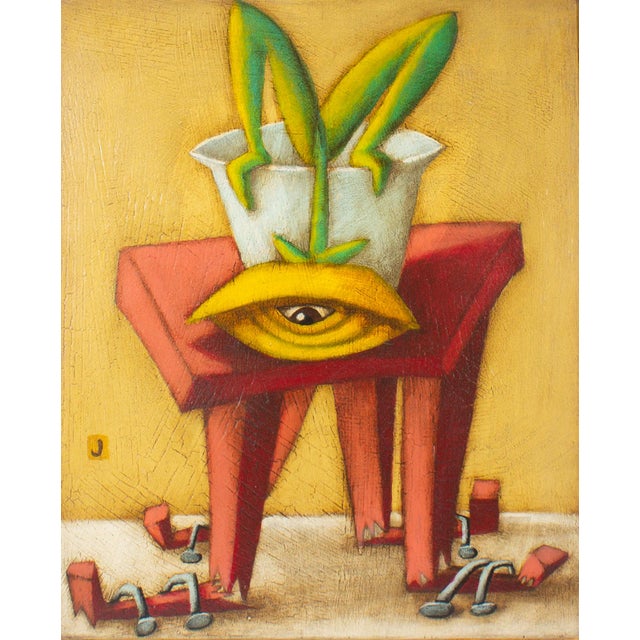 A Surrealist style oil on board painting by the American artist Jeff Sutherland. Titled "Not a Problem," this abstract...