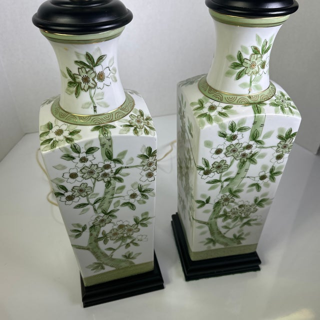 Ceramic Pair of Vintage Green Apple Blossom Chinese Lamps For Sale - Image 7 of 12