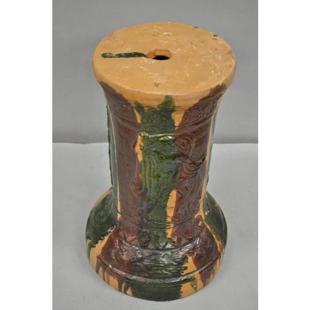 Late 19th Century Antique Majolica Terracotta Red Green Drip Glaze Figural Plant Stand Pedestal For Sale - Image 5 of 12
