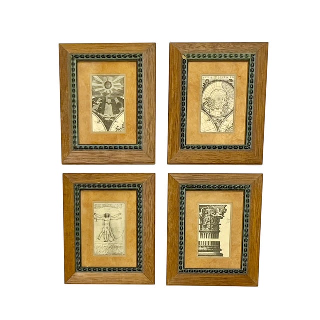 A charming set of four vintage architectural reproduction prints, each beautifully presented in a warm carved wood frame...