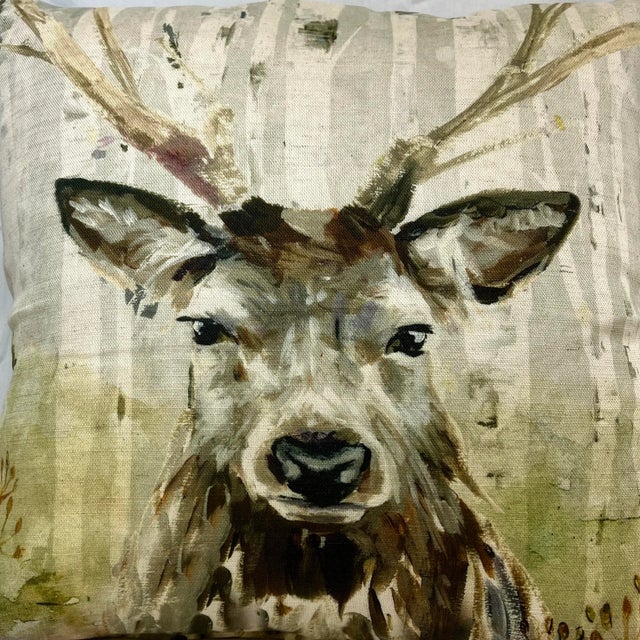 16” Square Decorative Throw Pillow Adorned With The Portrait Of A Majestic Stag / Deer In A Water Color Look Finish - Made...