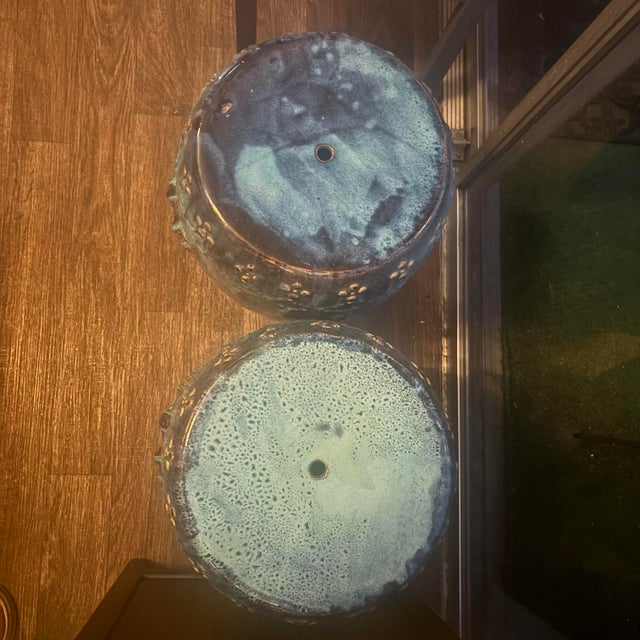 Vintage Chinese Cobalt Blue Glazed Porcelain Drum Form Garden Plant Stands - Set of 2 For Sale - Image 12 of 12