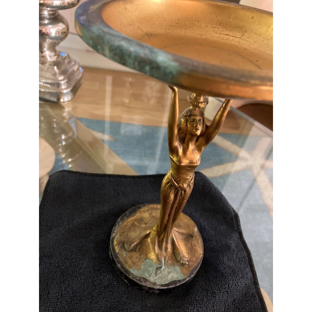 Antique Late 19th Century Brass Art Nouveau Woman Holding a Bowl For Sale - Image 4 of 12